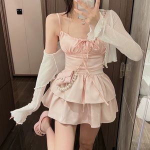 Pastel Pink Silky Layered Tiered Kawaii Ballet Cottage Mini Skirt Skort
